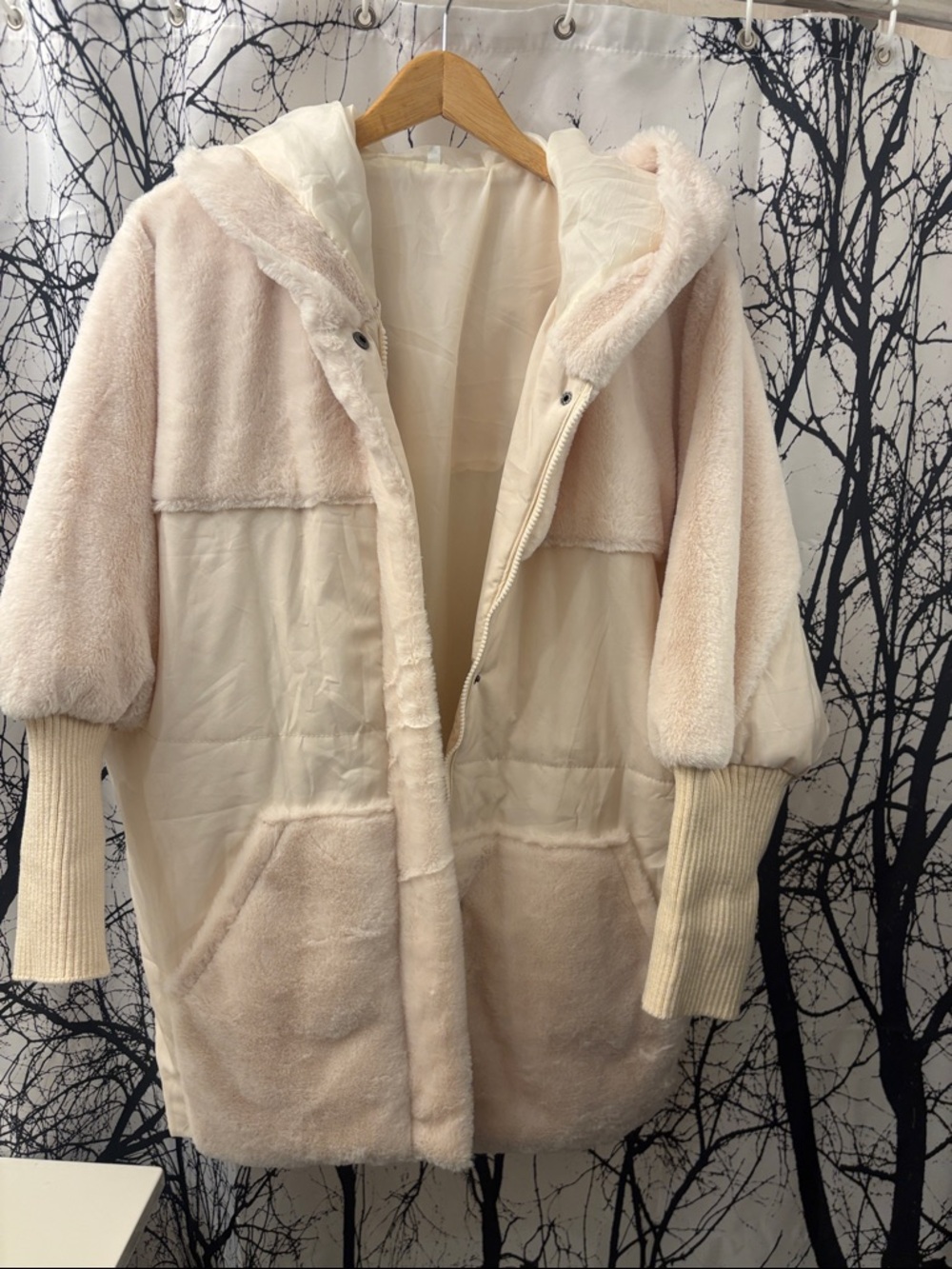 Women's Plush Hooded Coat in Light Cream